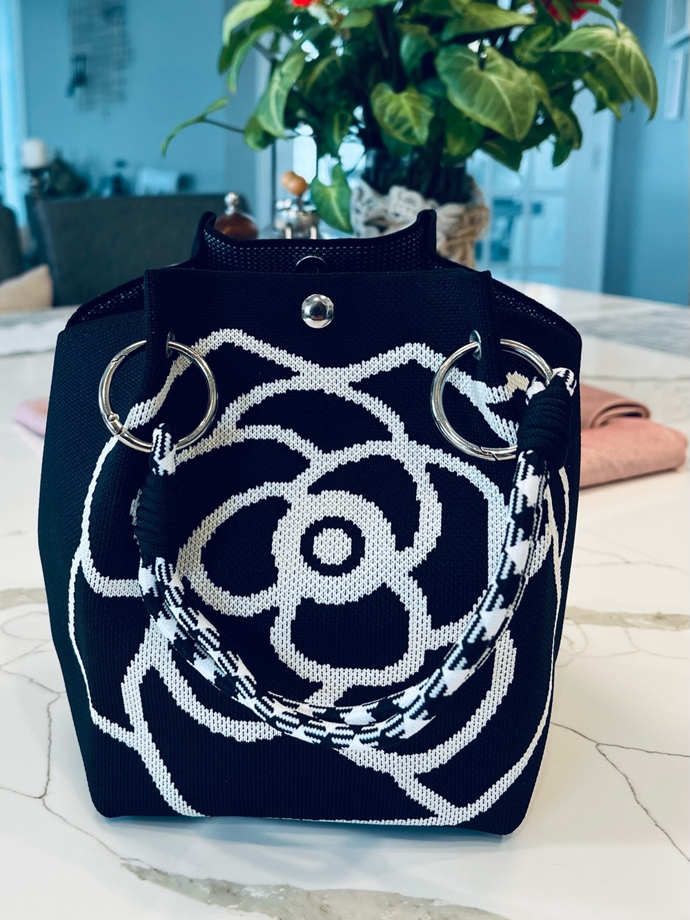 Black & White Floral Knit Tote Bag - Women Bags